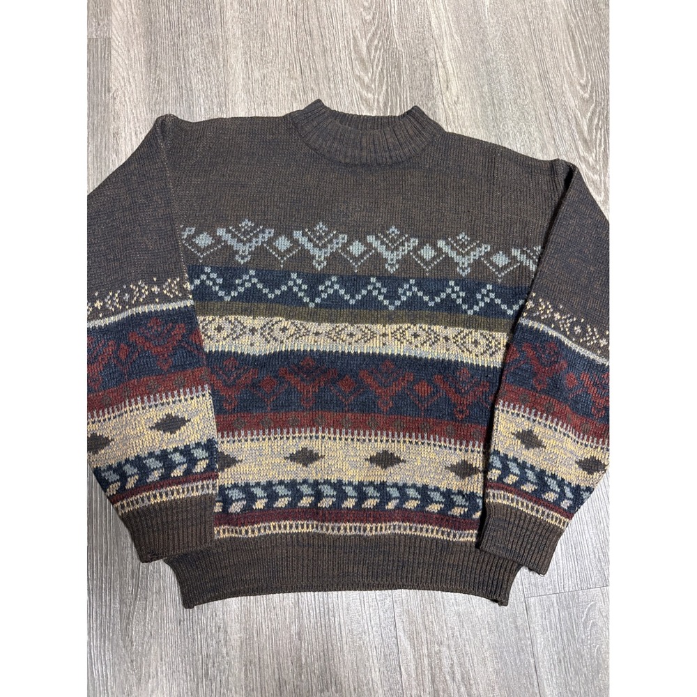 Vintage The Mens Store at Sears Fair Isle Knit Sweater Brown Geometric Medium